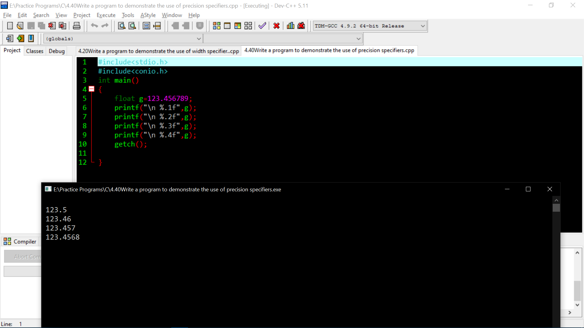 Write a program to demonstrate the use of precision specifiers